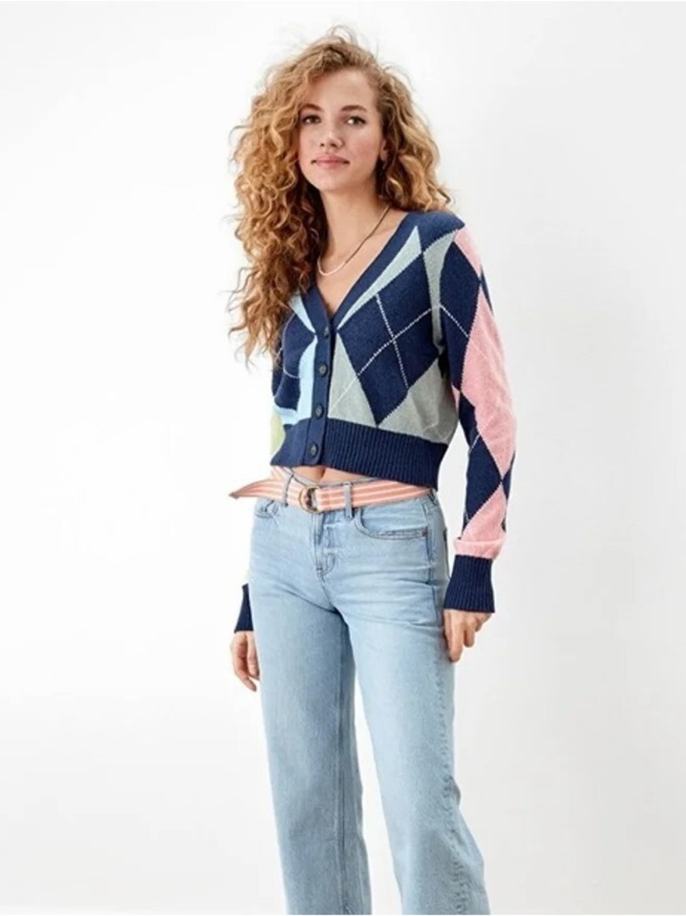 American Eagle Navy Argyle V-Neck Button Cardigan Sweater - Women's